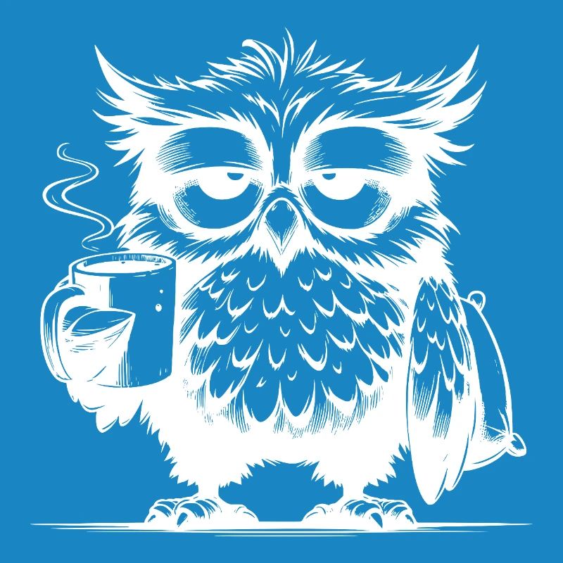 Lustige müde Comic Eule mit Kaffee Defizit