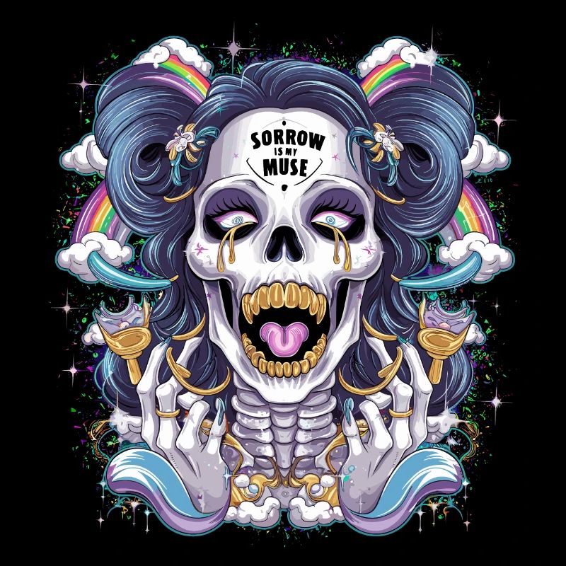 Glittering skeleton skull with rainbow