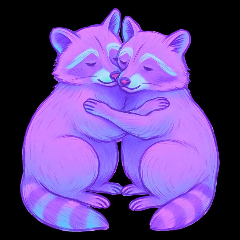 Cuddly purple racoons in neon light