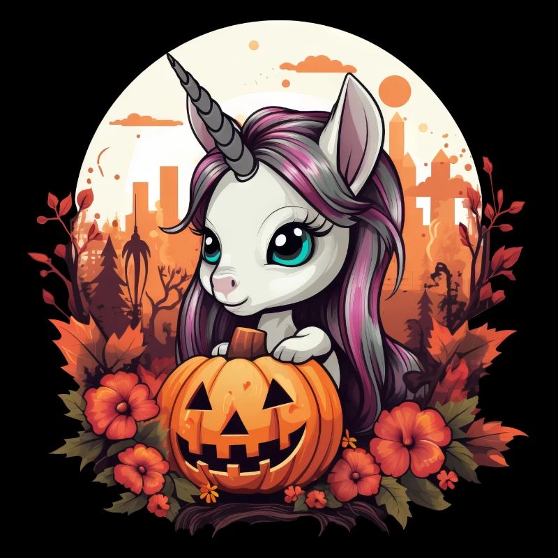 Halloween-Einhorn mit Kürbis im Herbst