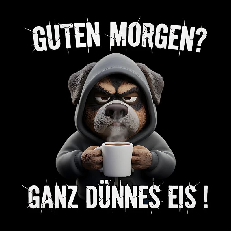 Grumpy dog with coffee for tired morning people