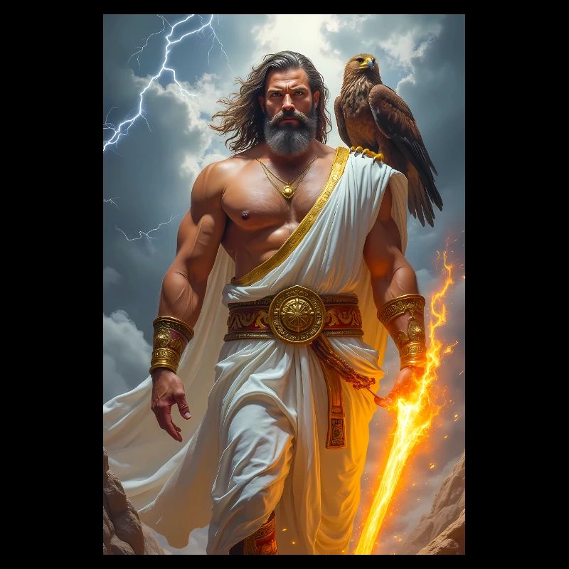 Zeus, bärtiger Gott, der einen Blitz hält, Sturm