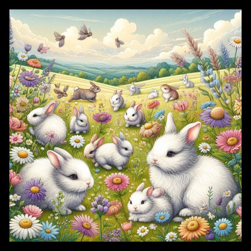 Lapins dans un champ de fleurs