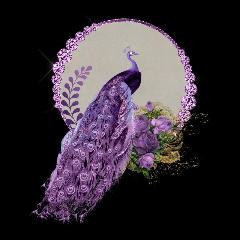 Wunderbare Pfau und Blumen in lila Farben.
