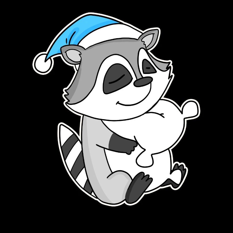 Raccoon with pillow and sleepy cap