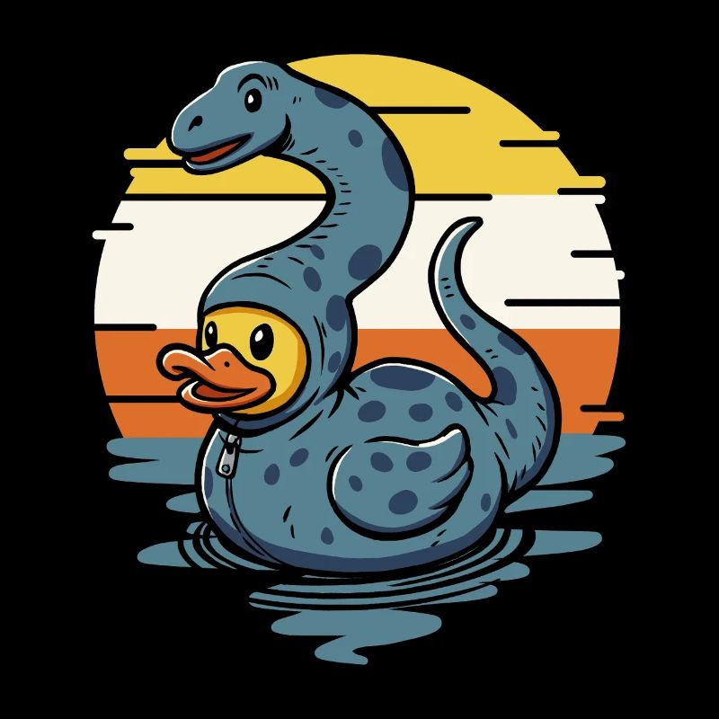 Funny water reptile with rubber duck Brontosaurus