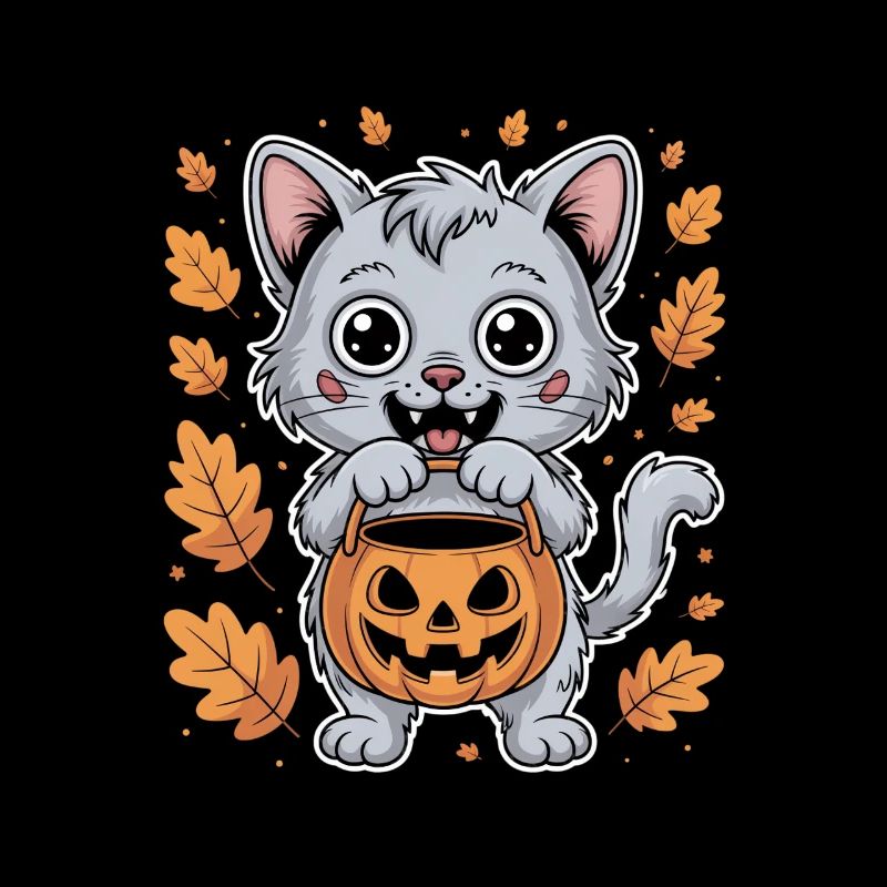 Chaton d’Halloween avec citrouille et feuilles d’automne