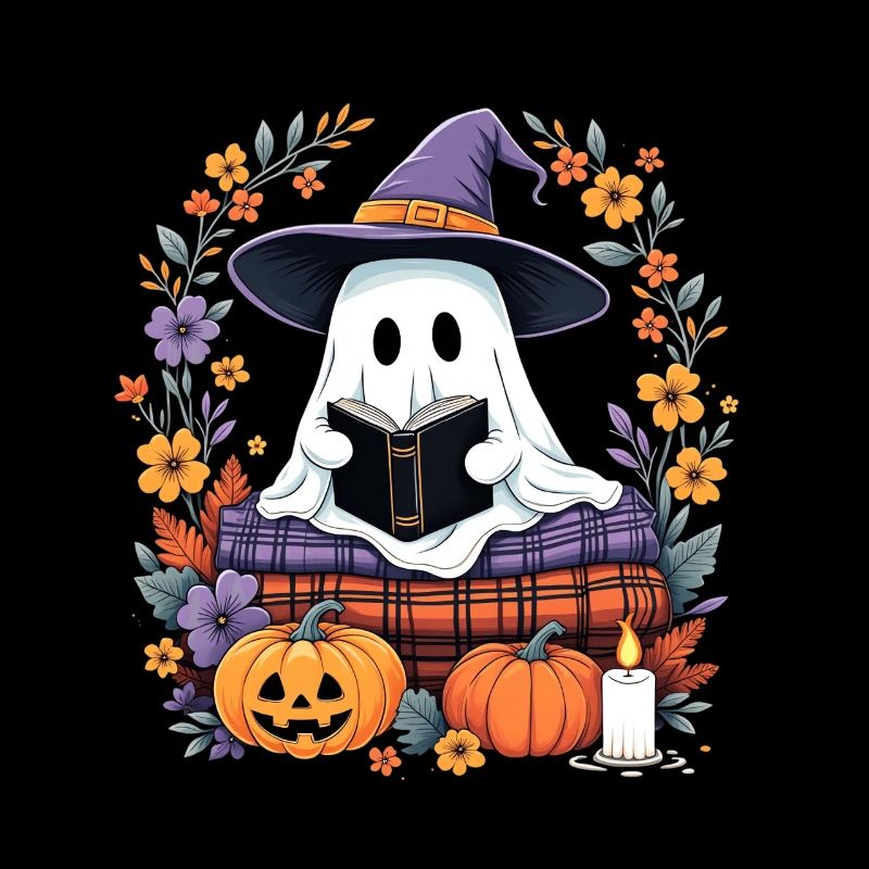 Cozy Halloween Witch Ghost with Pumpkins