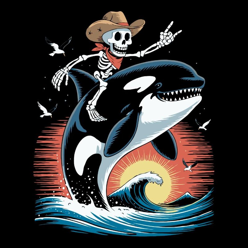 Skeleton cowboy on orca waves scene