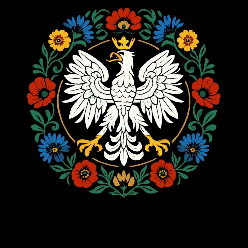 Polish Eagle Folk Emblem with Flowers