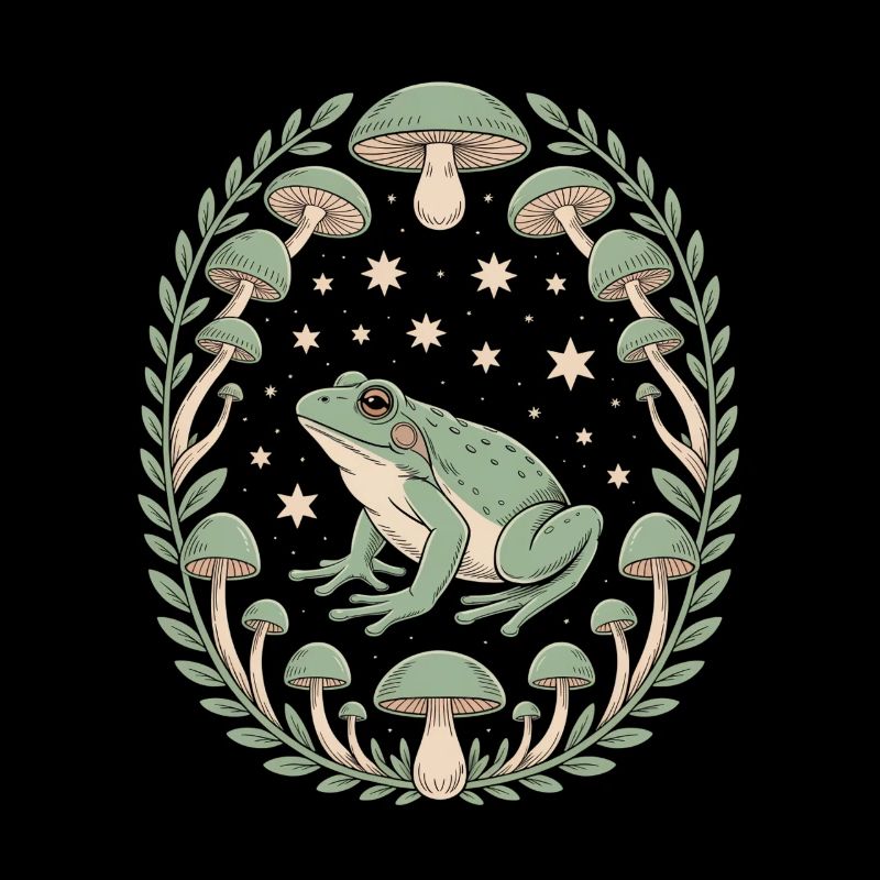 Grenouille et champignons avec ciel étoilé