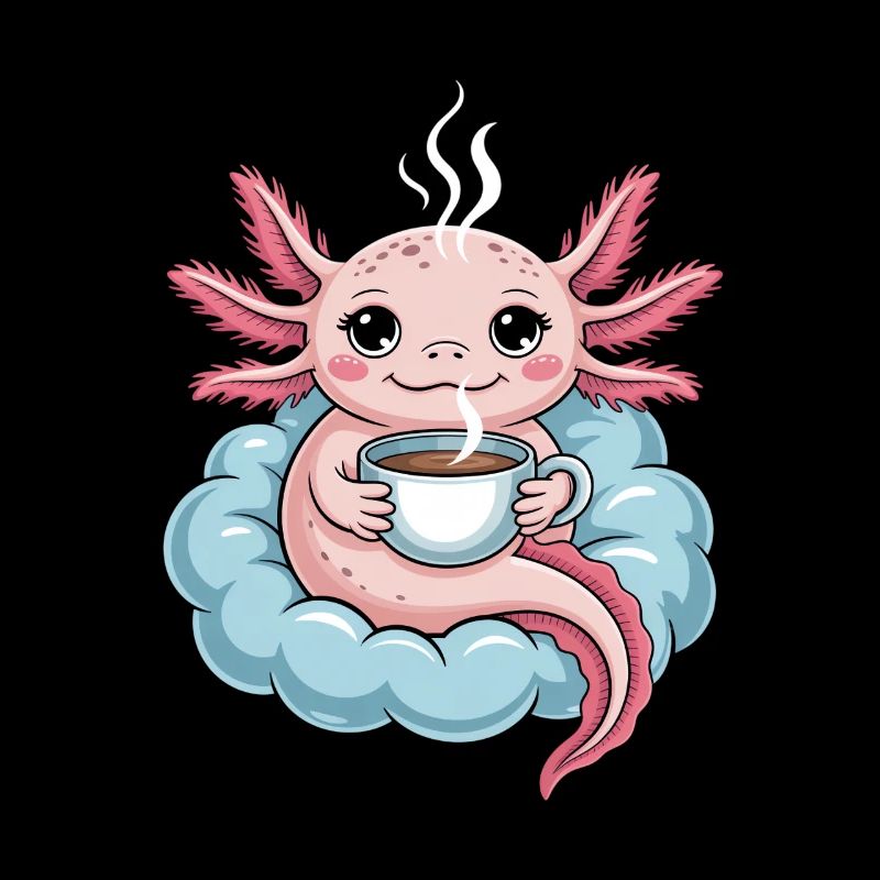 Axolotl avec café sur nuage Café du matin Kawaii