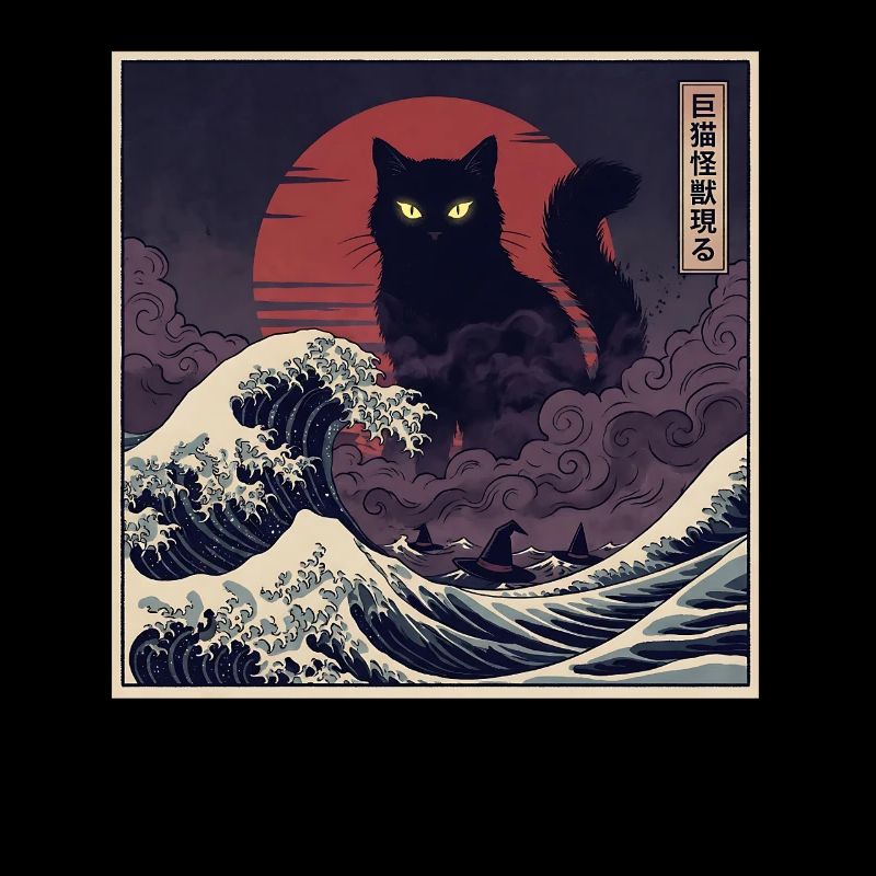 Un chat Kaiju géant au-dessus des vagues 巨猫怪獣現る