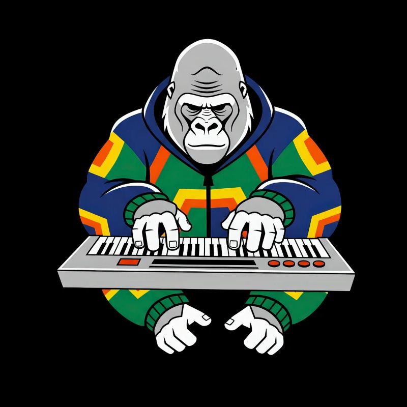 Gorille au clavier en tenue néon