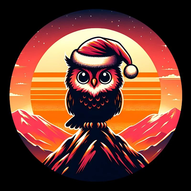 Cute owl with Santa hat sitting on mountain top