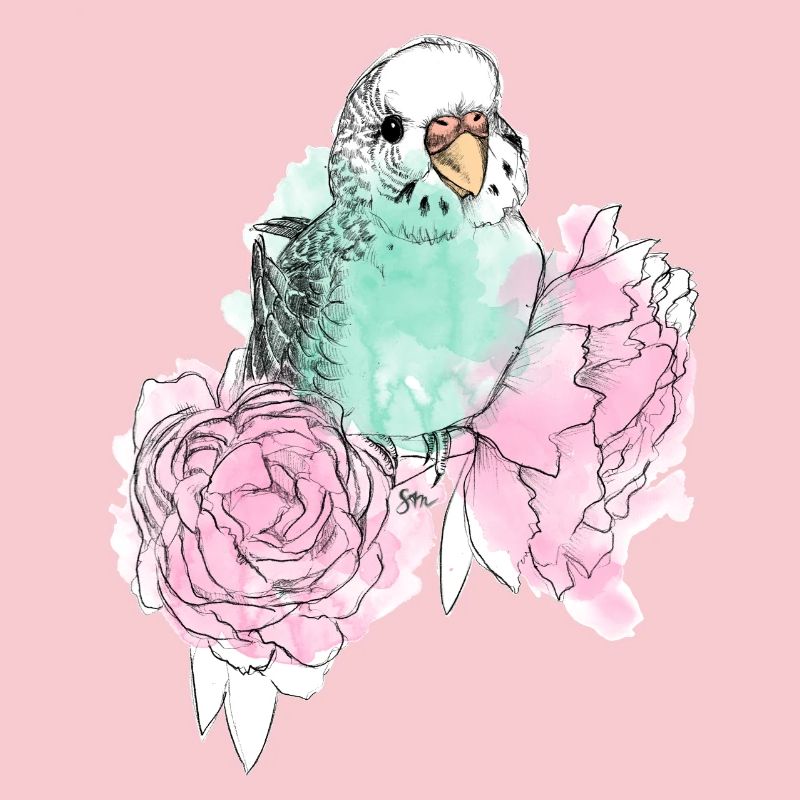Budgerigars and peonies