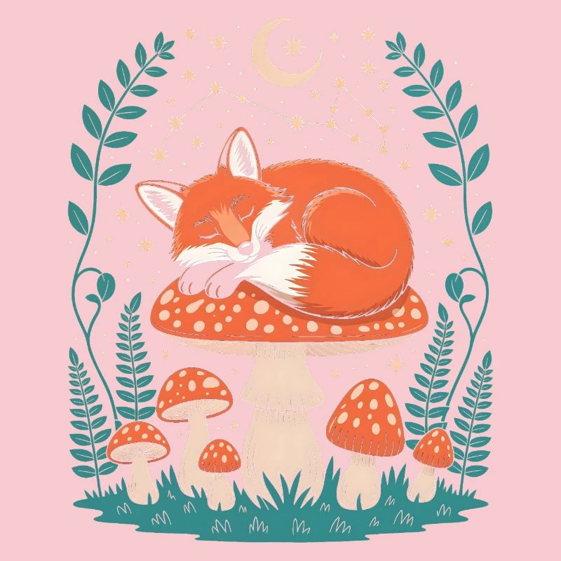 Sleeping Fox on Mushroom Under Starry Sky