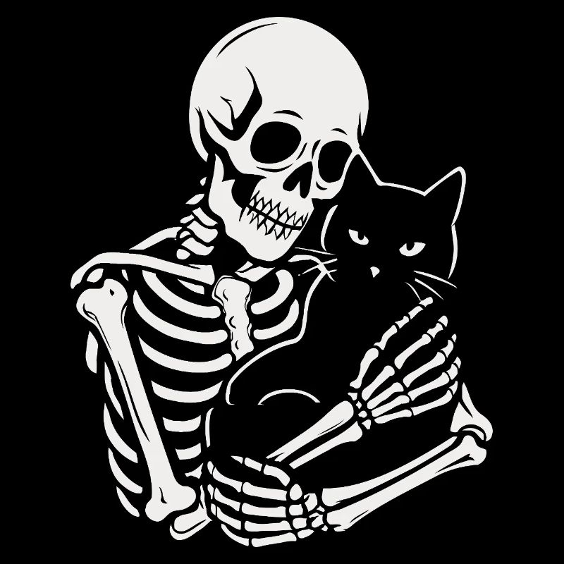 Squelette caressant chat noir