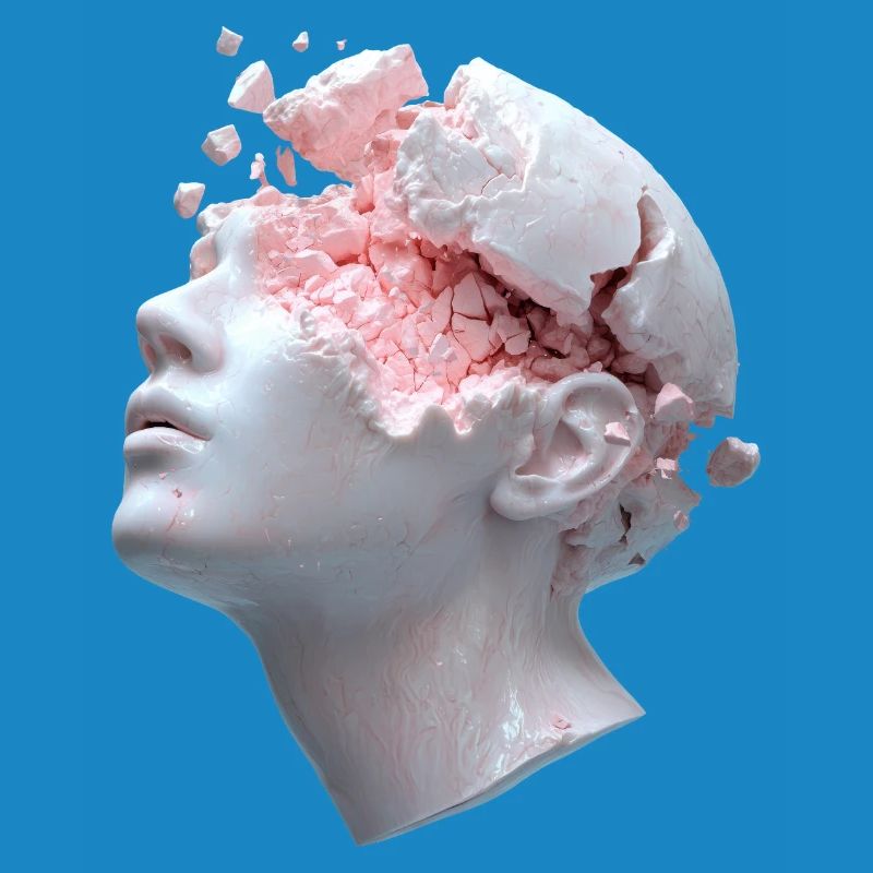 Decaying head, inner thoughts as debris