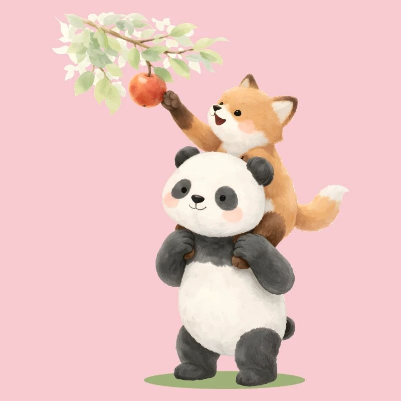 Panda and fox with apple illustration
