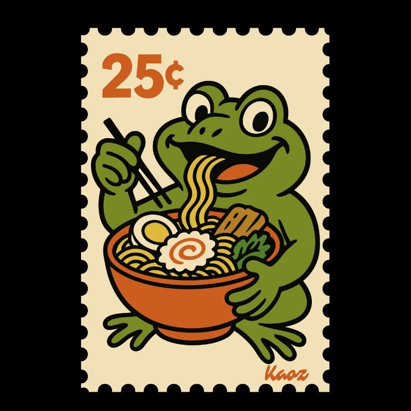 Happy frog with ramen on postage stamp