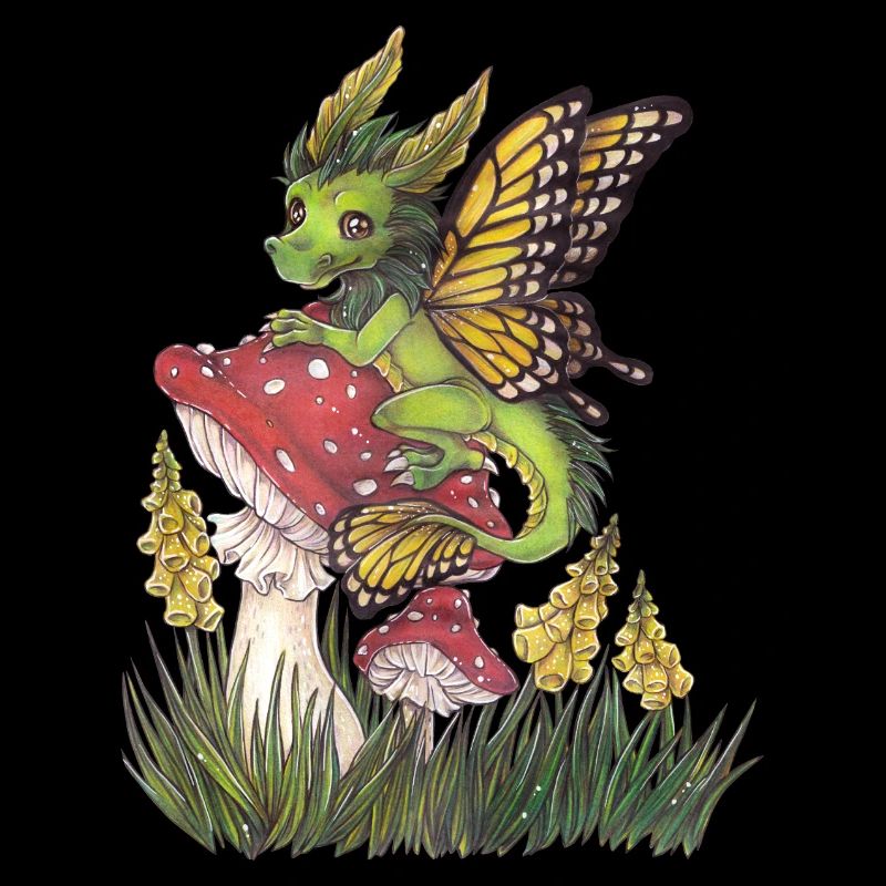 Dragon de la forêt sur champignon papillon mignon