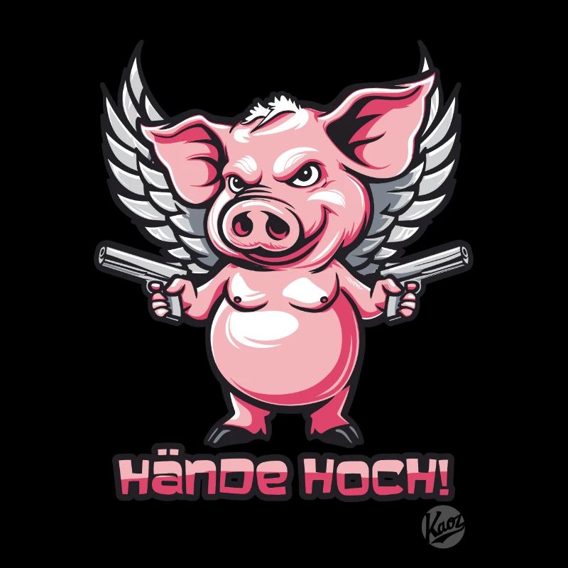 Haut les mains! Cochon de dessin animé avec des ailes