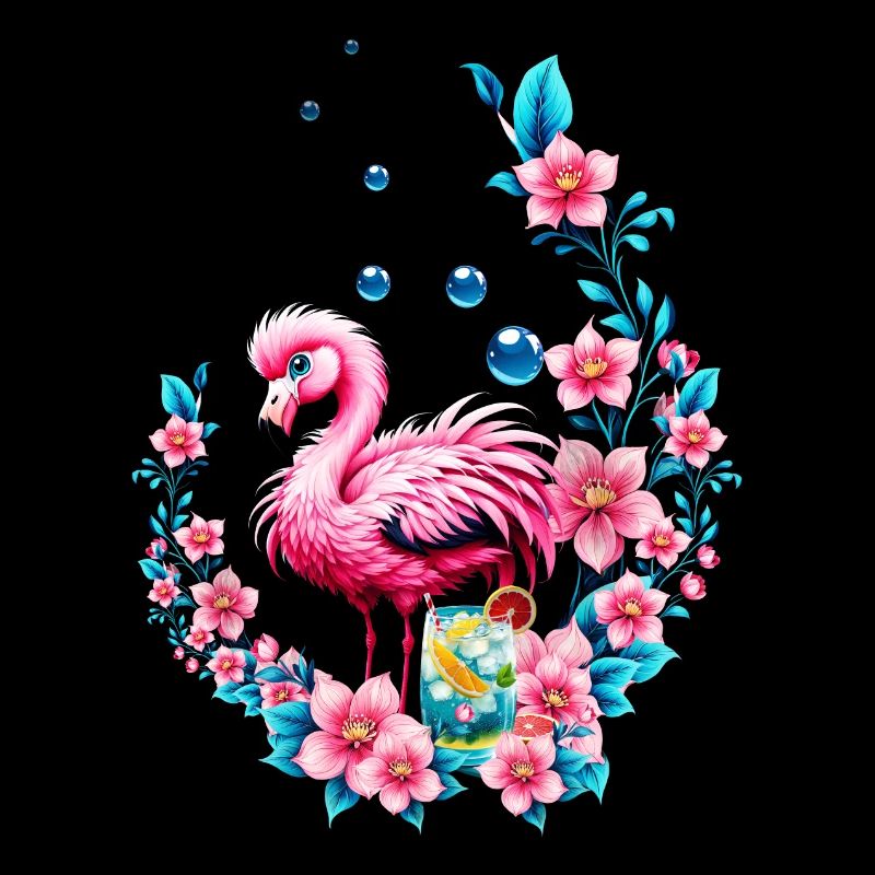 Flamant rose élégant avec des fleurs tropicales.
