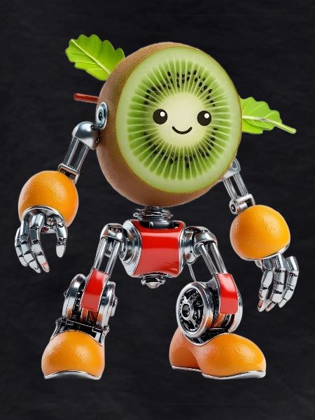 Kiwi Fruit Robot with Chrome Limbs