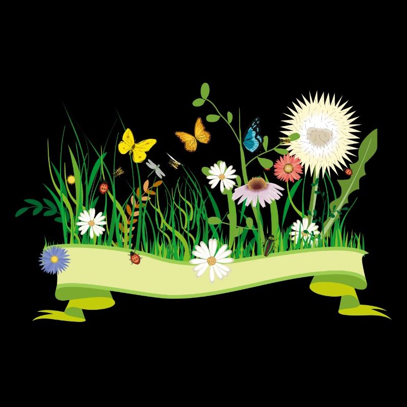 lush spring meadow with flowers and insects
