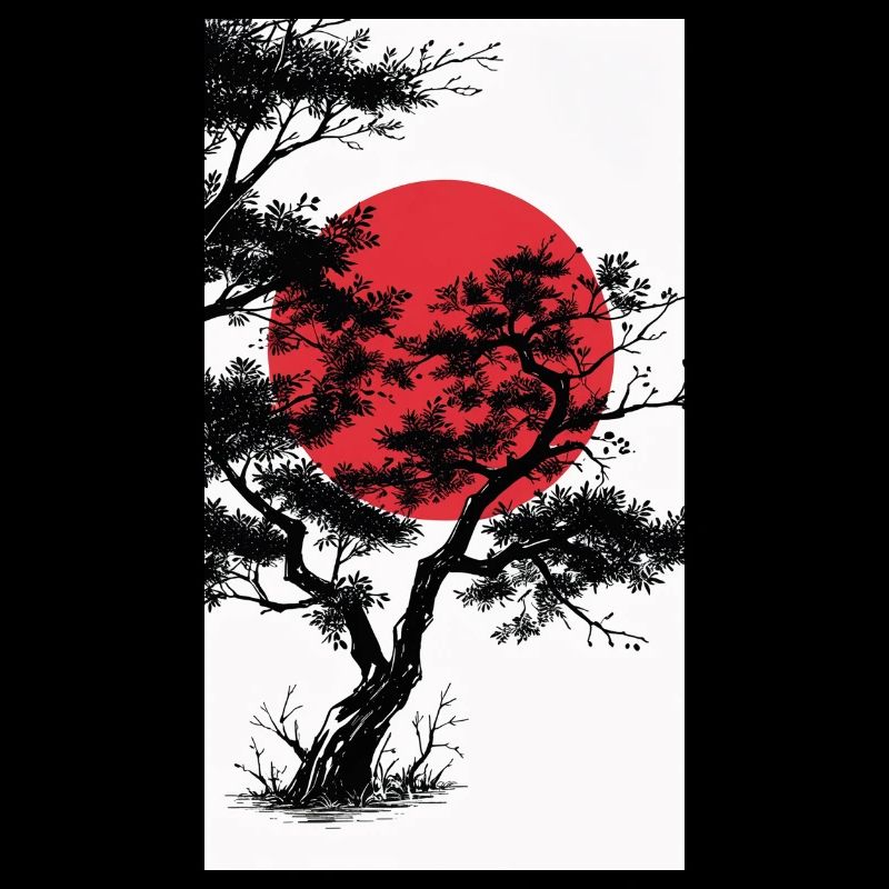 Dunkler Baum im Manga-Stil mit roter Sonne