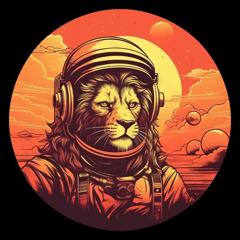 Lion astronaute au coucher du soleil: aventures dans l’espace