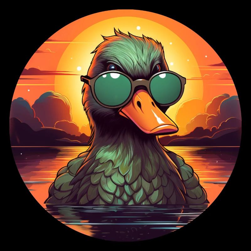 Cool duck in summer: sunglasses, bathing, sunset