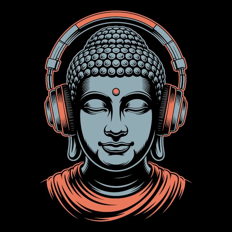 Buddha mit Kopfhörern Achtsamkeit Musik Boho Zen
