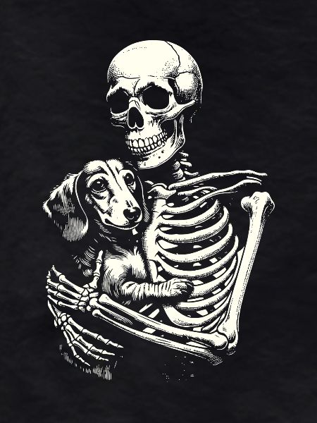 Skeleton hugging dachshund