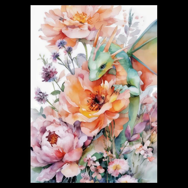 Dragon aquarelle et jardins fleuris