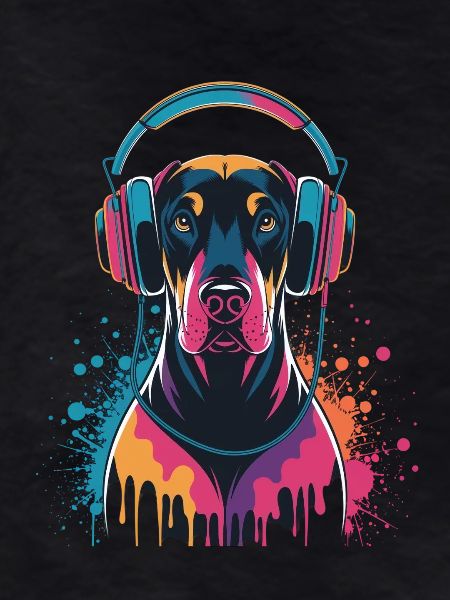 Doberman with headphones
