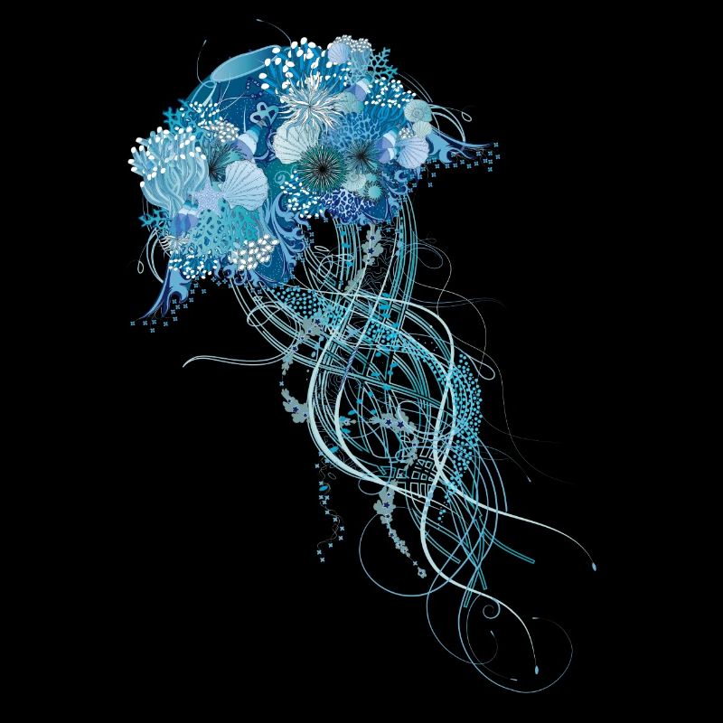 méduse bleue avec coraux, coquillages et anémones de mer