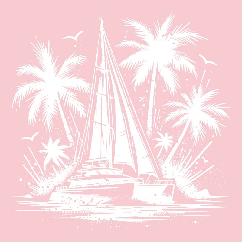 Double hull catamaran sailboat with palm trees