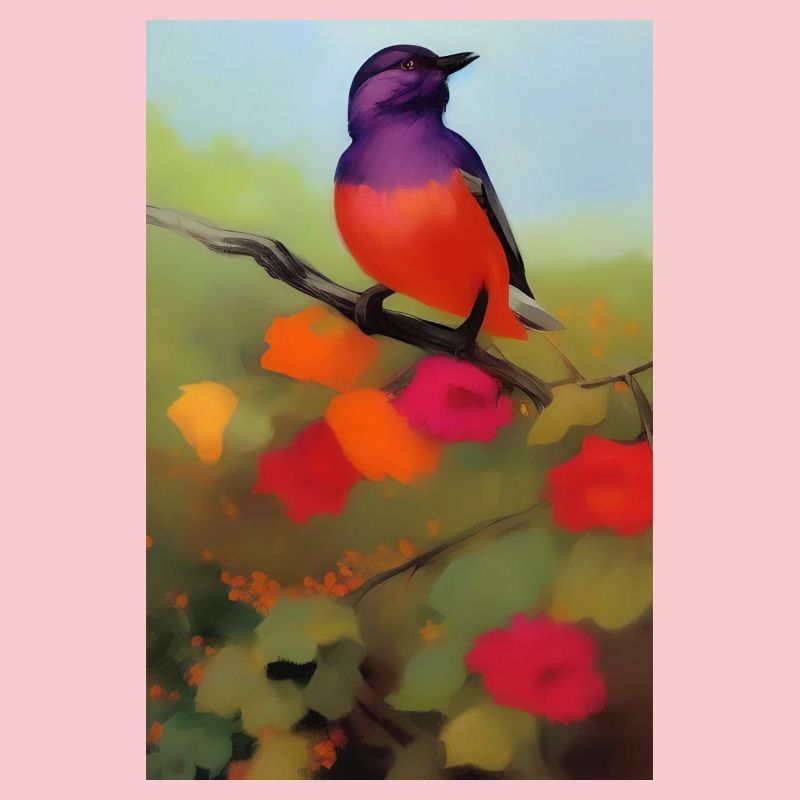 Oiseau sur branche avec des fleurs colorées