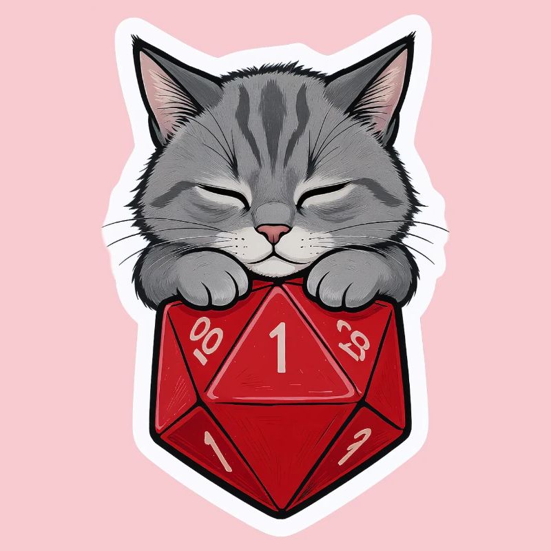 Bébé chat endormi sur D20 Cube – Dessin animé