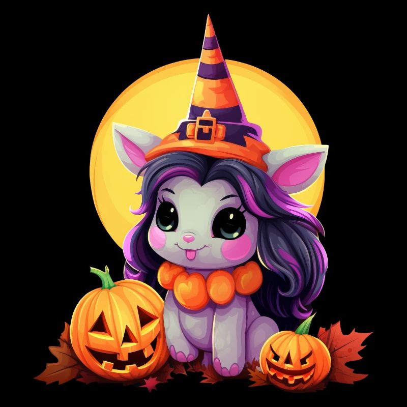 Süßes Halloween-Einhorn mit Kürbis und Hexenhut im