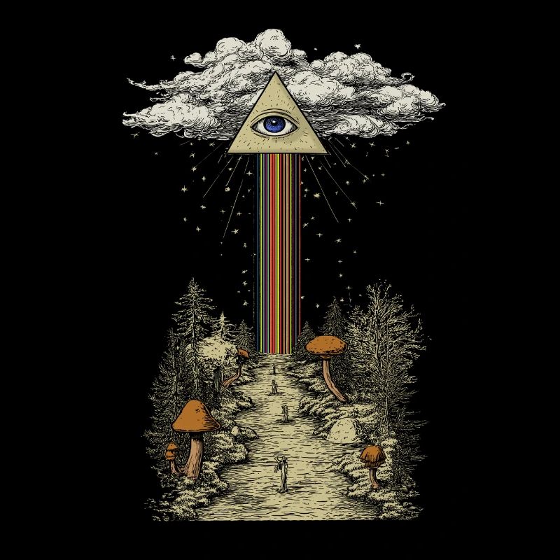 Rayon arc-en-ciel mystique dans la forêt de champignons