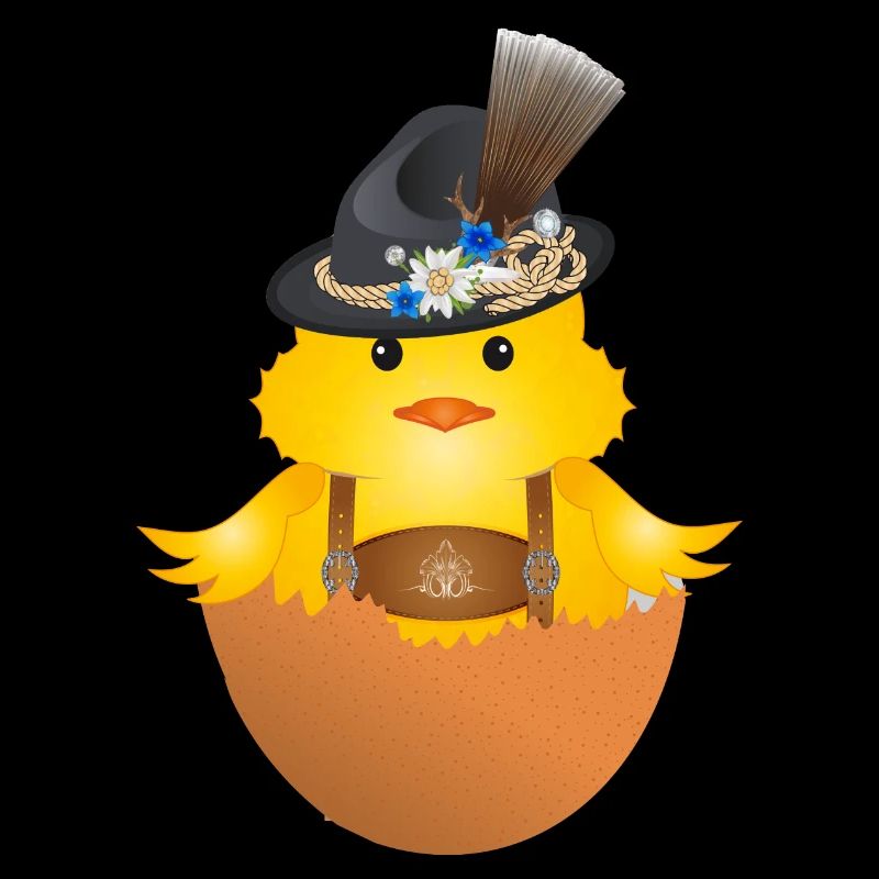 Chick with traditional hat and lederhosen in eggshell