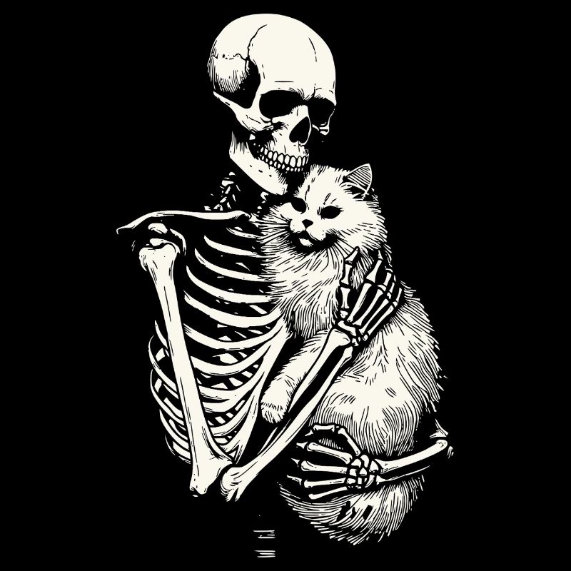 Skeleton hugging cat