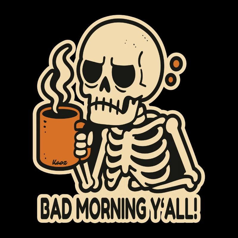bad morning greeting, tired skeleton with coffee