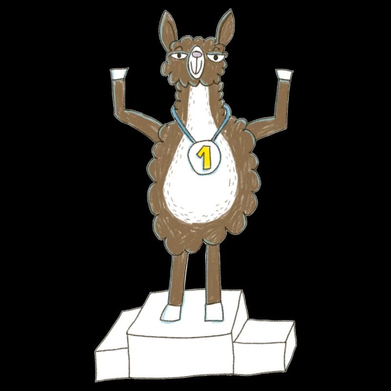 Lama mit Medaille auf Siegerpodest