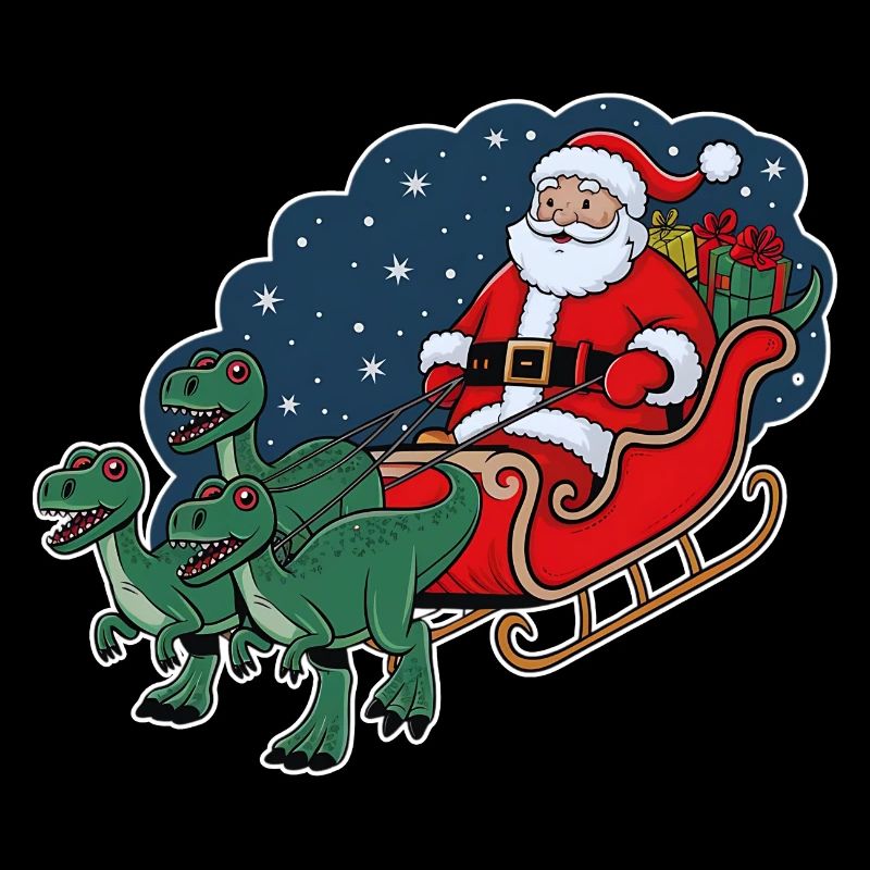 Santa Claus riding a sleigh pulled by dinosaurs