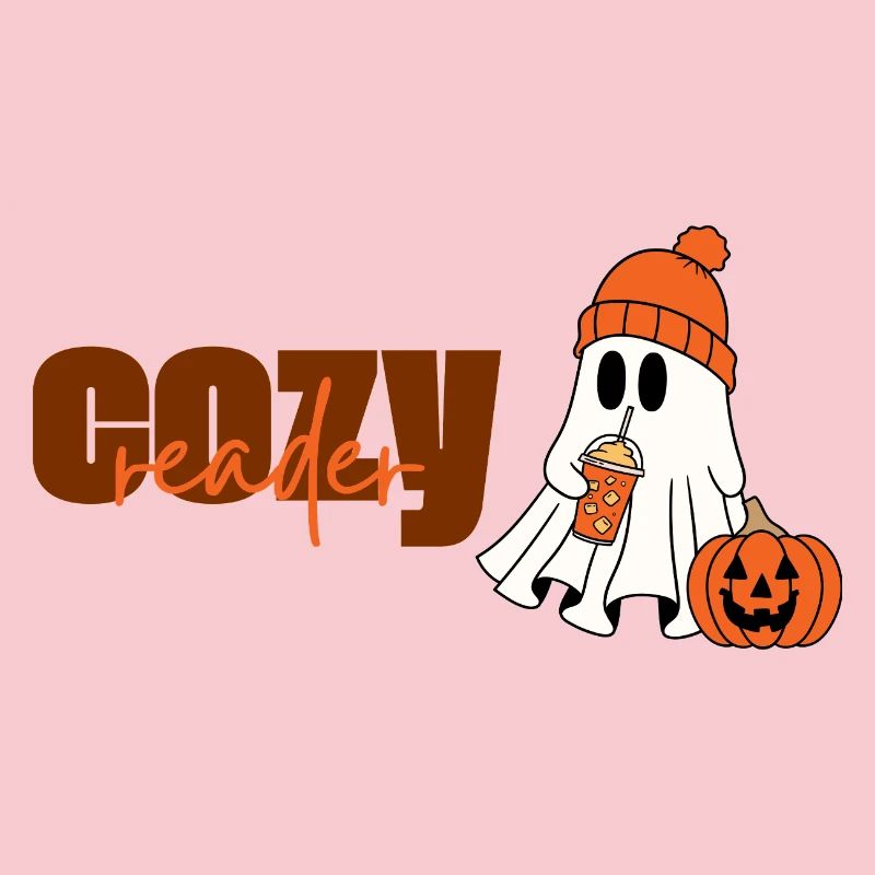 Cozy Reader Halloween Ghost with Pumpkin and Hat