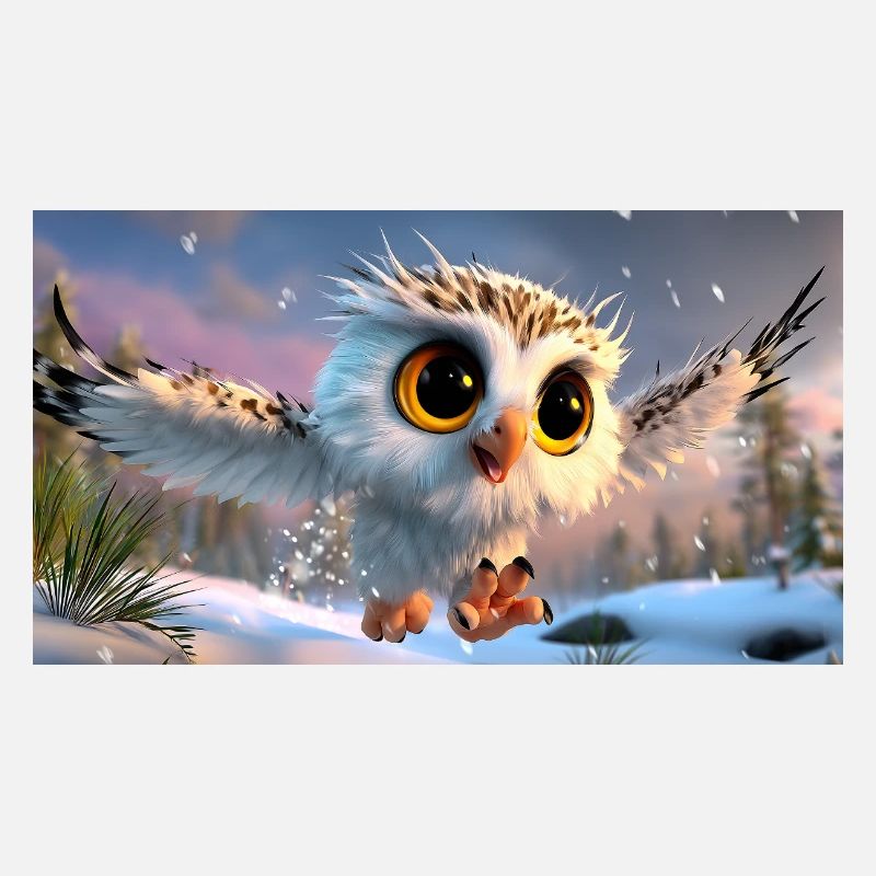 Flauschige Schnee-Eule mit Kulleraugen im Flug